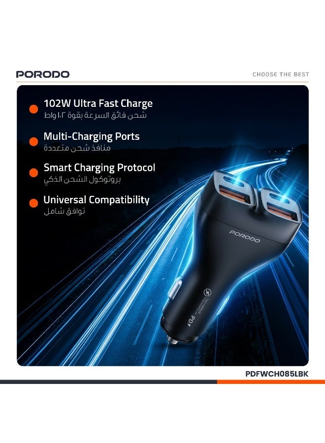 porodo DUALPOWER 102W Car Charger with USB-C to Lightning Cable/ PD 30W/ QC 18W/ x2 USB-C & x2 USB-A/ Fast Charging /102W High Power Output / Quick Charge/ Efficient Charging for Multiple Devices Car Charger - Black - Image 2
